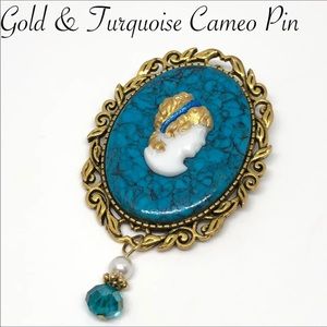 Gold & Turquoise Cameo Pin/Pendant